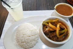 Brunch- Beef Strip and Peppers in a savory tomato sauce with rice and homemade Lemonade